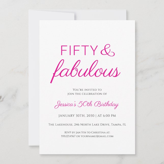 Convites Fifty and Fabulous Script Pink 50th Birthday Party (Frente)