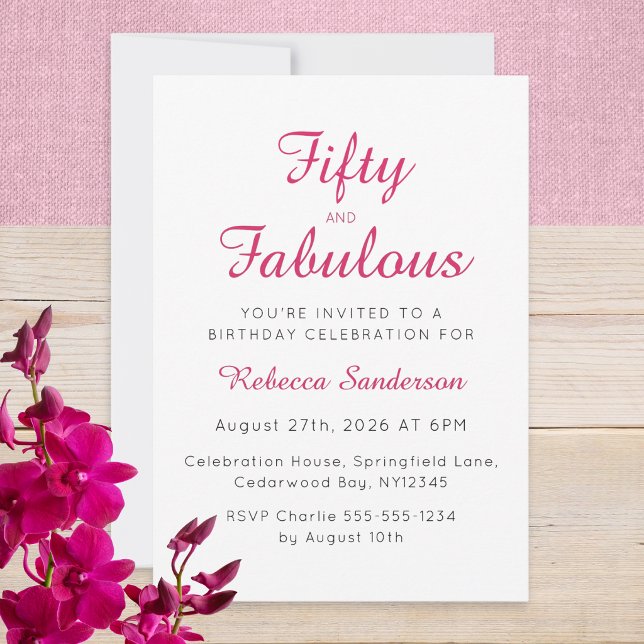 Convites Fifty and Fabulous Script Pink 50th Birthday Party (A stylish "Fifty and Fabulous" birthday invitation with elegant pink and black typography)