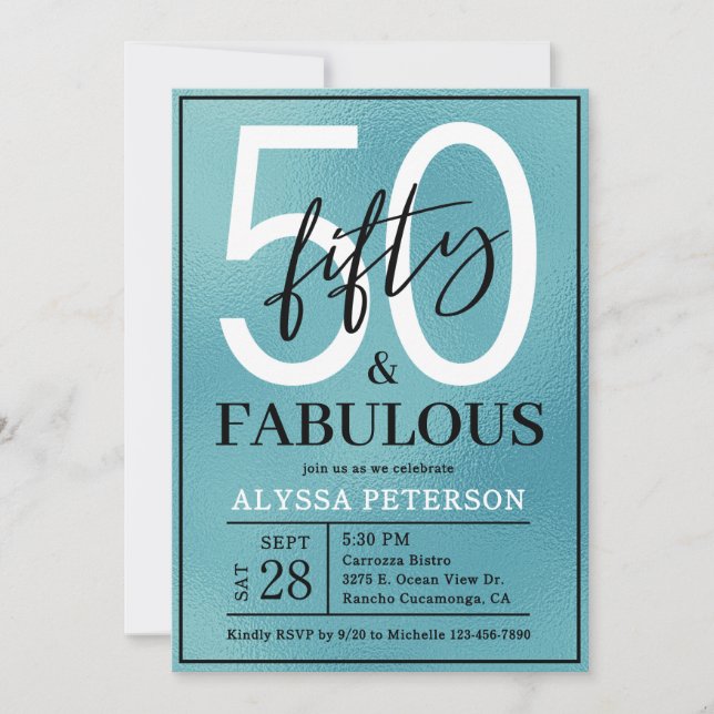 Convites Fifty and Fabulous Teal Script 50th Birthday (Frente)