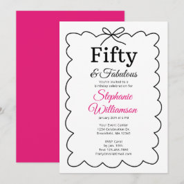 Convites Fifty and Fabulous Whimsical Black and Pink Script