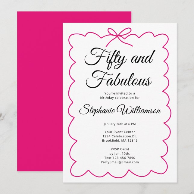 Convites Fifty and Fabulous Whimsical Pink and Black Script (Frente/Verso)