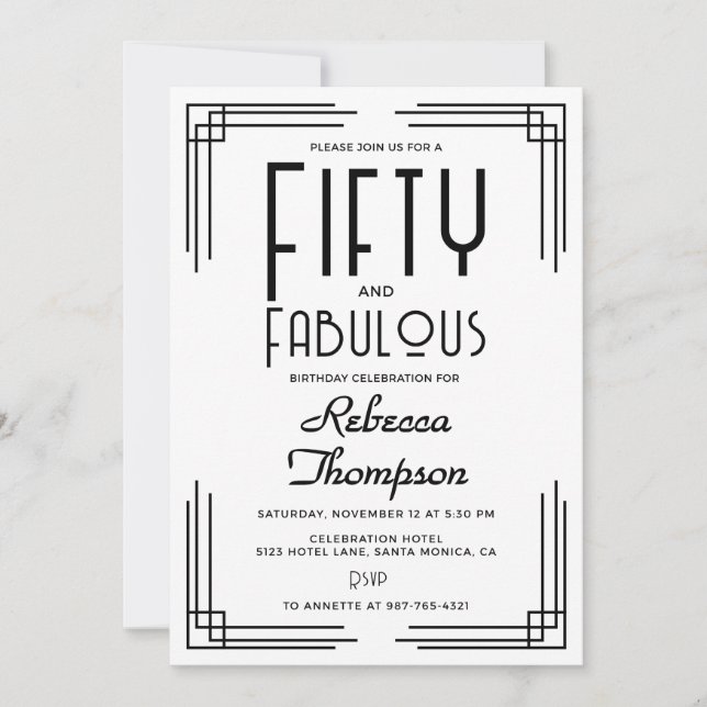 Convites Fifty Fabulous Black White Art Deco 50th Birthday (Frente)