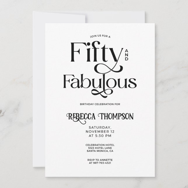 Convites Fifty Fabulous Black White Script 50th Birthday (Frente)
