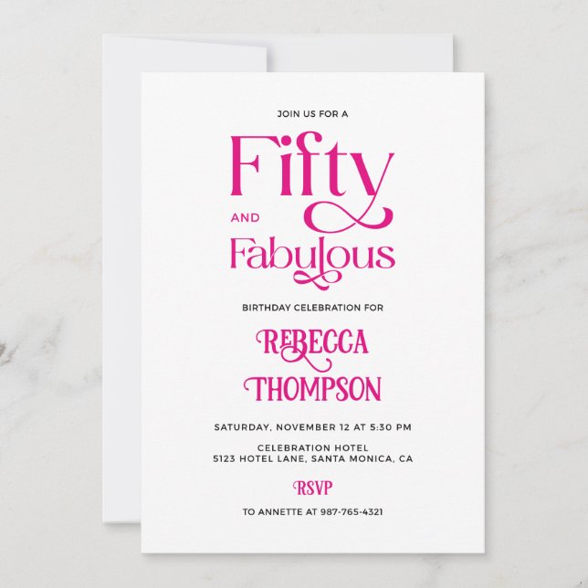Convites Fifty Fabulous Hot Pink Script 50th Birthday (Frente)