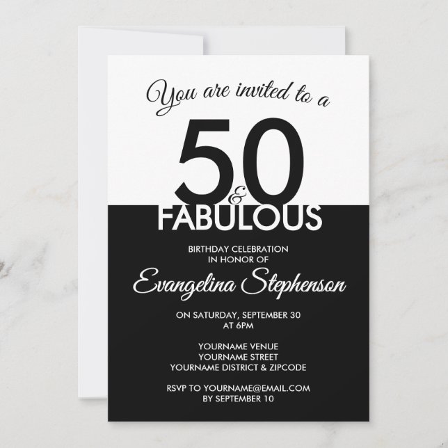 Convites Fifty Fabulous Modern Black White 50th Birthday  (Frente)