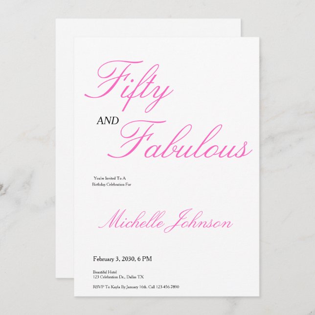 Convites Fifty & Fabulous Pink 50th Birthday Party (Frente/Verso)
