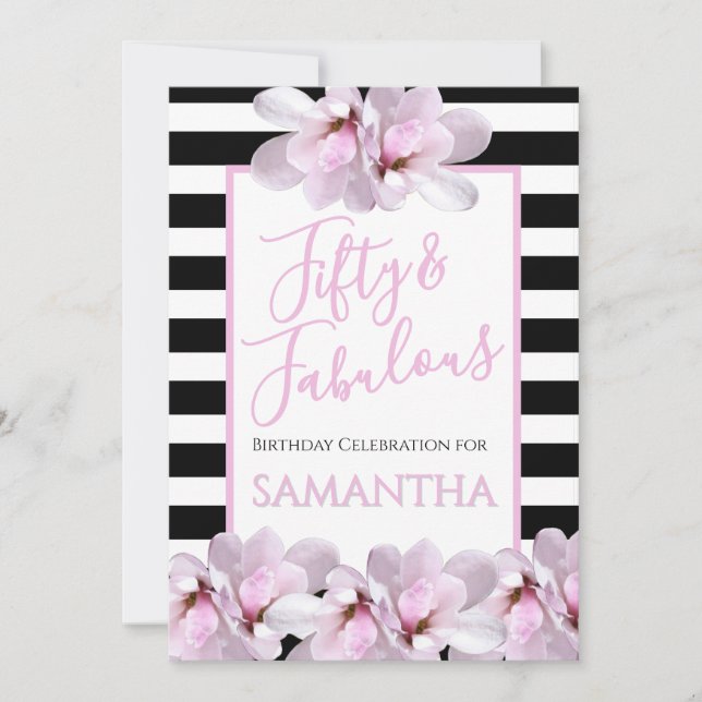 Convites Fifty & Fabulous Pink Floral Black Stripe Birthday (Frente)