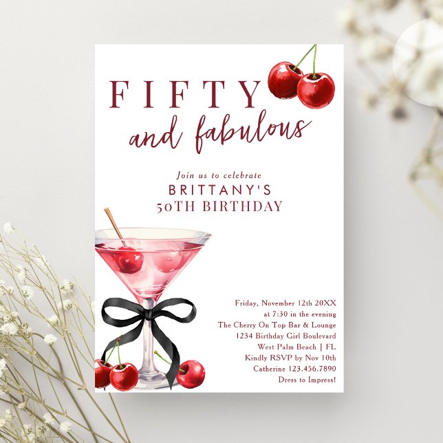 Convites Fifty & Fabulous Red Cherry Martini 50th Birthday (Criador carregado)