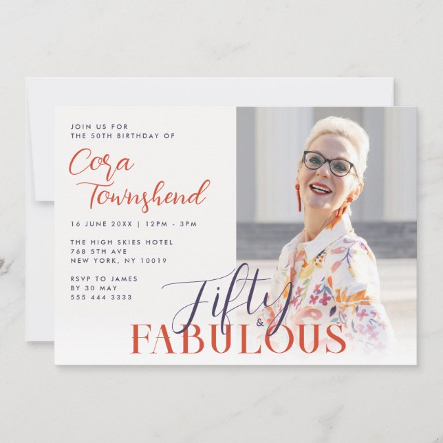 Convites Fifty & Fabulous Script Photo 50th Birthday (Frente)