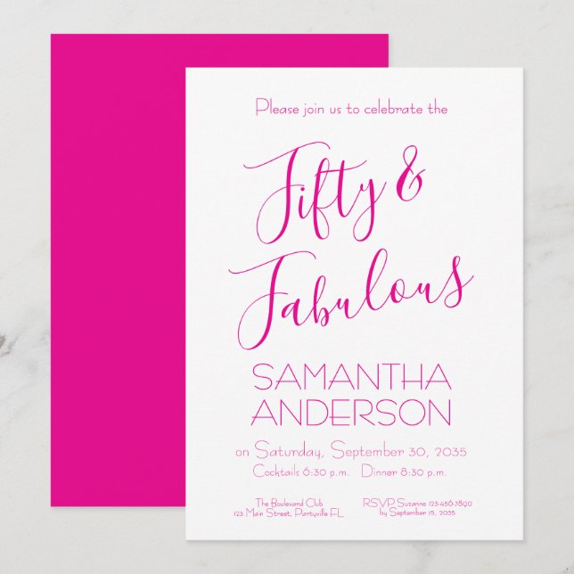 Convites Fifty Fabulous Script Pink 50th Birthday Party  (Frente/Verso)