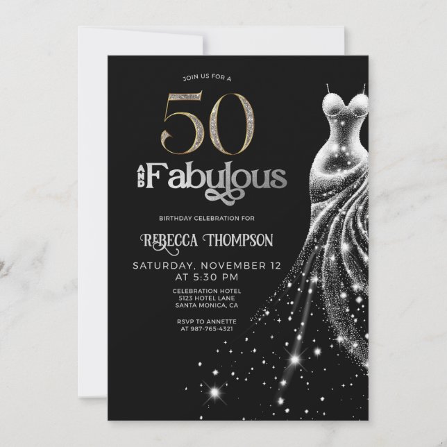 Convites Fifty Fabulous Silver Dress Black 50th Birthday (Frente)
