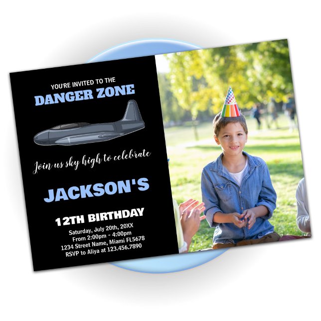 Convites Fighet Jet Birthday Invtions Blue com foto (Fighter Jet Birthday Invitations Blue with photo)