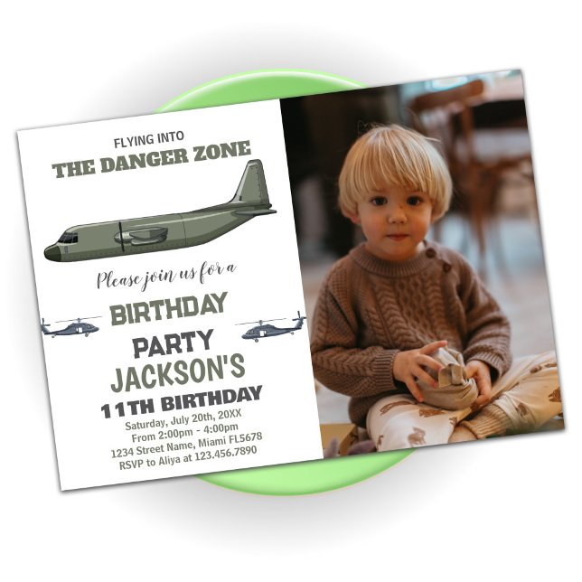Convites Fighter Jet Birthday convoca Foto Verde Escura (Fighter Jet Birthday Invitations Green Dark Photo)