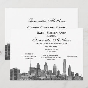 Convites Filadélfia Black Etched Look Skyline Sweet 16