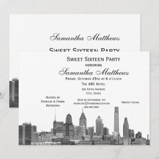 Convites Filadélfia Black Etched Look Skyline Sweet 16