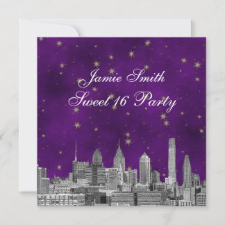 Convites Filadélfia Skyline Roxo Estrela Dourada Sweet 16