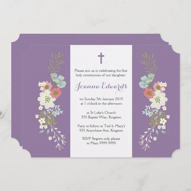 Convites Filha Floral Personalizada pela Primeira Comunhão (Frente/Verso)