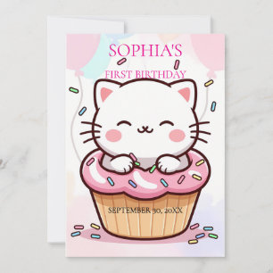 Convites Filhote de Gato Cupcake Primeiro Aniversário