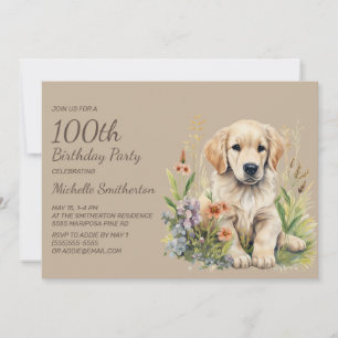 Convites Filhote de Retriever Dourado Fofo 100º Aniversário