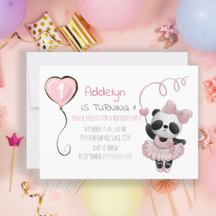 Convites Filhote de Urso Panda Rosa Bailarina 1º Aniversári