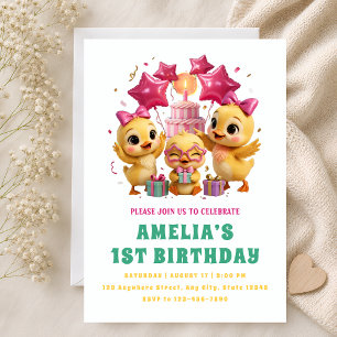 Convites Filhotes de Pato Rosa 1º Aniversário