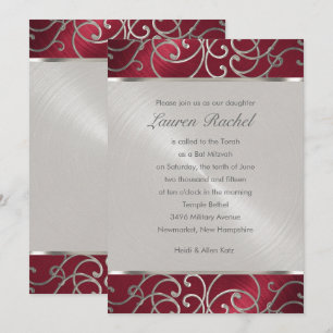 Convites Filigrana Bat Mitzvah Elegante Vermelha e Prata