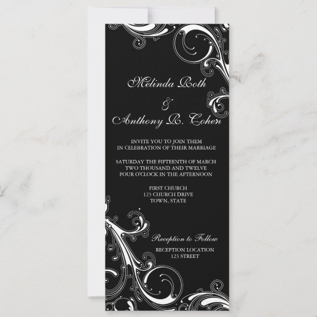 Convites Filigree Swirl Black w/White 4 x 9.25 Casamento (Frente)
