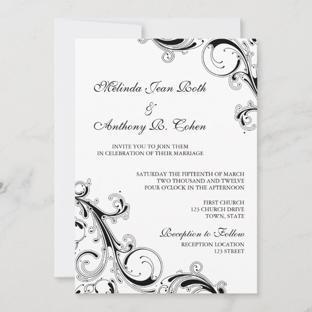Convites Filigree Swirl Black w/White Casamento 5x7 (Frente)