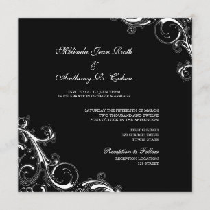 Convites Filigree Swirl Black w/White Square Weding