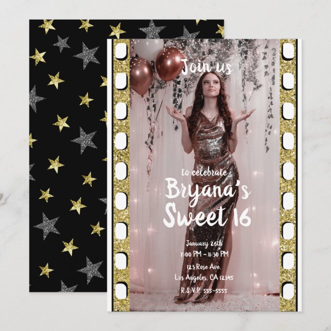 Convites Filme de Hollywood Dourado Silver Stars Sweet 16 F (Frente/Verso)