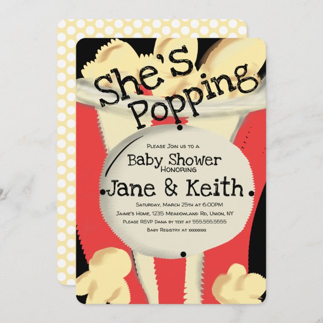 Convites Filme Popcorn Party Red Hand Drawn Babyshower (Frente/Verso)