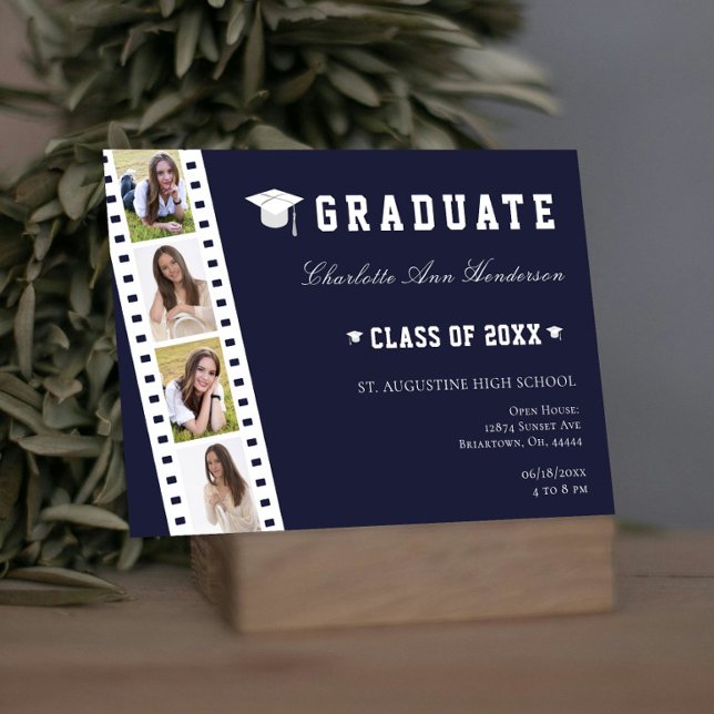 Convites Filmstrip Quatro Colagem de Fotografias Abrir Casa (Blue Filmstrip Four Photo Collage Graduation Open House Invitation)