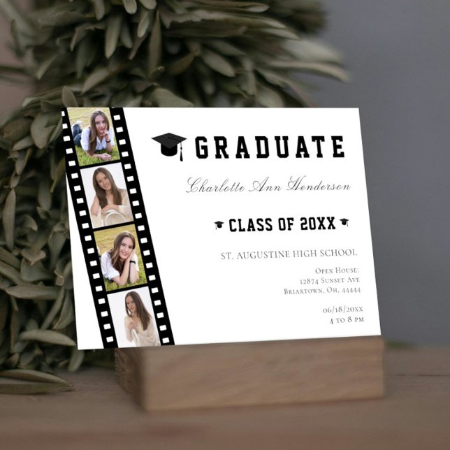 Convites Filmstrip Quatro Colagem de Fotografias Abrir Casa (White Filmstrip Four Photo Collage Graduation Open House Invitation)
