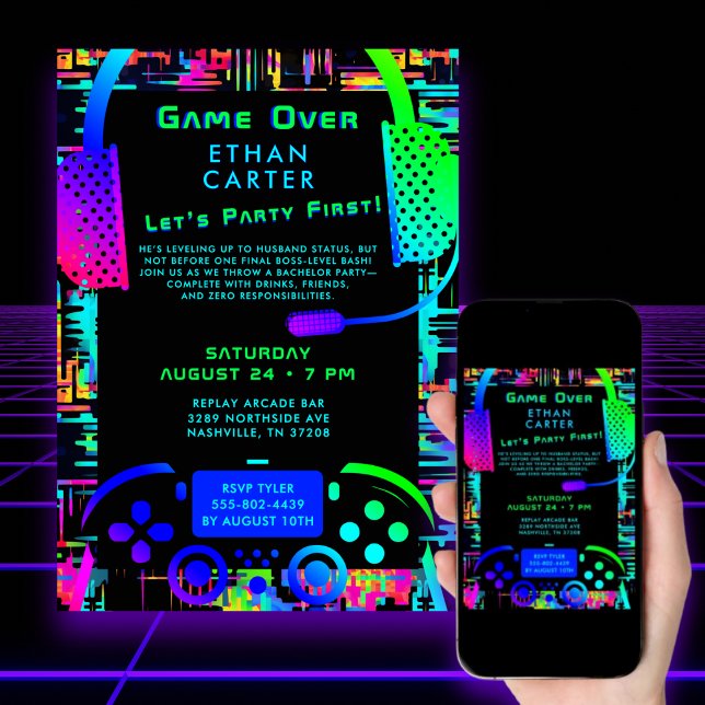 Convites Fim de Jogo Tema de Festa de Solteiro Vídeo Arcade (Criador carregado)