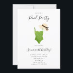 Convites Fim de Piscina para adultos<br><div class="desc">Placa de convite de aniversário para adultos divertida com ilustração de maiô verde com um chapéu solar. Perfeito para a festa de aniversário de uma mulher no verão.</div>