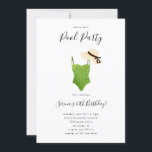 Convites Fim de Piscina para adultos<br><div class="desc">Placa de convite de aniversário para adultos divertida com ilustração de maiô verde com um chapéu solar. Perfeito para a festa de aniversário de uma mulher no verão.</div>