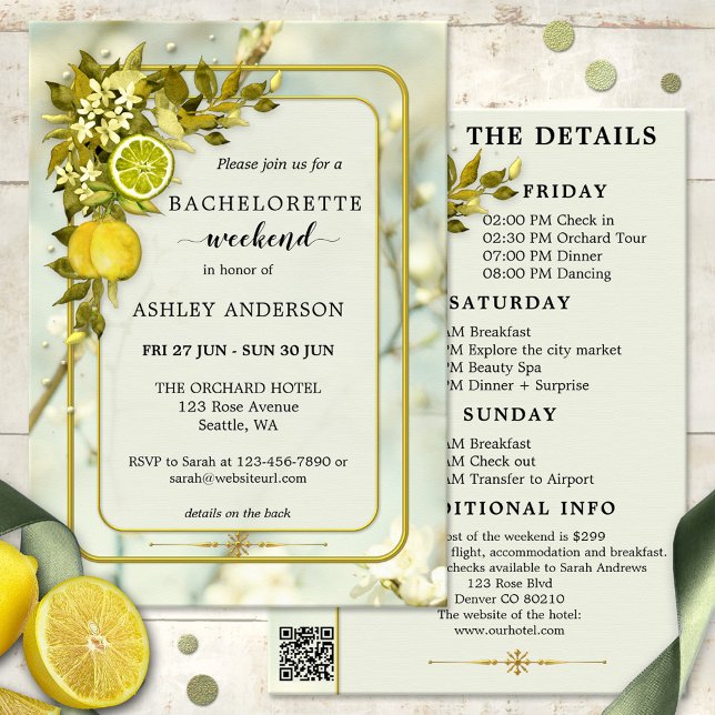 Convites Fim de Semana da Aquarela de Lemon Orchard (Bachelorette weekend itinerary invite showing watercolor citrus fruits and green leaves with flowers)