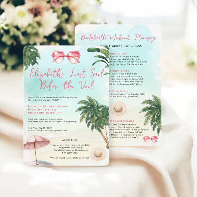 Convites Fim de Semana da Aquarela de Praia Tropical (Tropical Beach Watercolor Bachelorette Weekend Invitation)