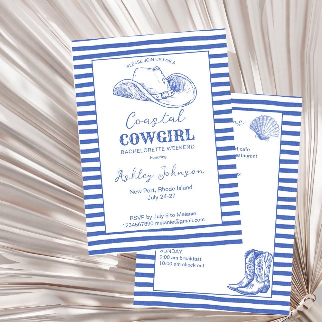 Convites Fim de semana da Bachelorette Cowgirl Costeira (Coastal Cowgirl Bachelorette weekend itinerary Invitation template last toast on a coast dusty blue)