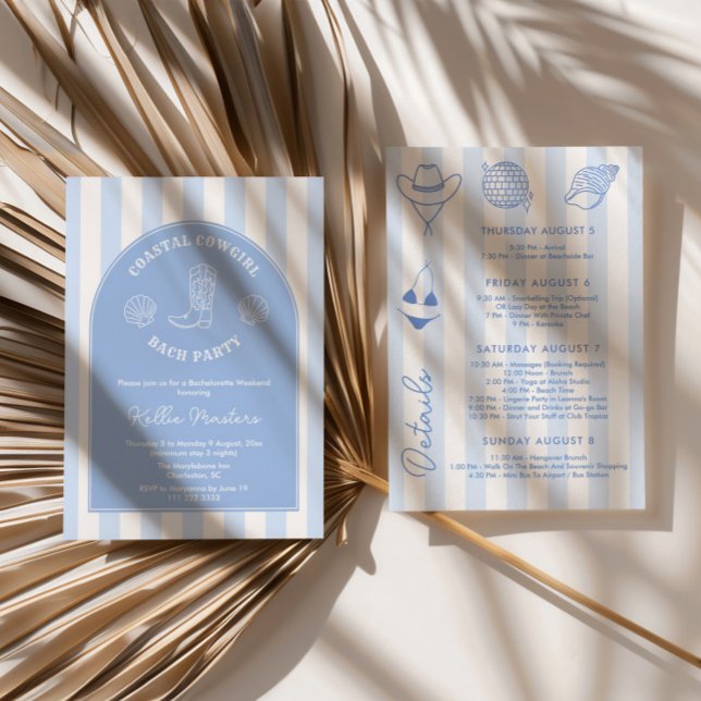 Convites Fim de Semana da Bachelorette Cowgirl Desenhada à  (Modern and elegant Coastal Cowgirl bachelorette weekend party invitations with customizable colors)