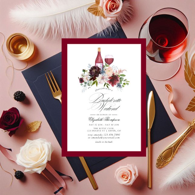 Convites Fim de semana da Bachelorette de Borgonha, Blush e (Burgundy, Blush and Blue Wine Bachelorette Weekend Invitation)