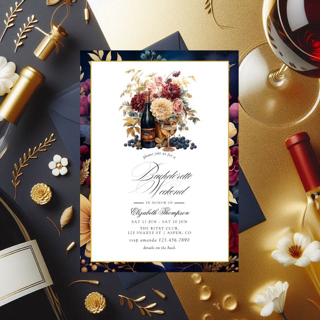 Convites Fim de semana da Bachelorette de Vinho Dourado e M (Burgundy, Gold and Navy Wine Bachelorette Weekend Invitation)