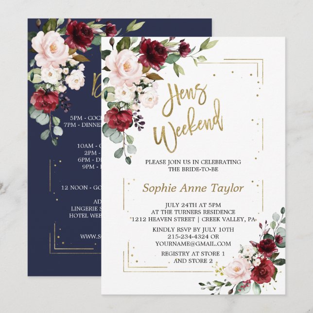 Convites Fim de semana da Bachelorette Floral Dourada Rosa  (Frente/Verso)