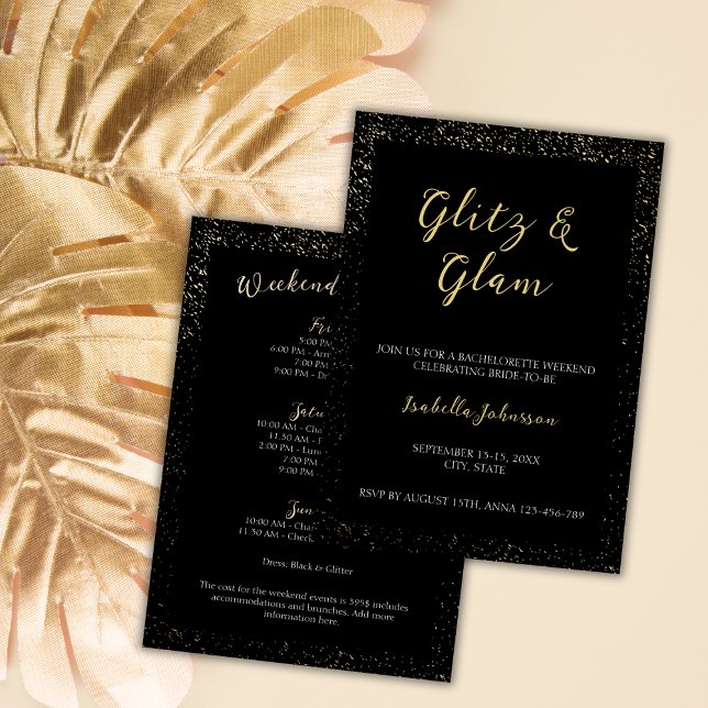 Convites Fim de semana da Bachelorette Glitter do Ouro Glit (Glitz & Glam Black Glitter Bachelorette Weekend Invitation)