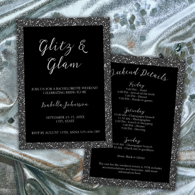 Convites Fim de semana da Bachelorette Glitter Preto Glitz (Glitz & Glam Black Glitter Bachelorette Weekend Invitation silver)