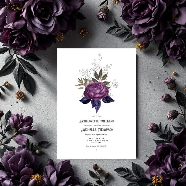 Convites Fim de semana da Bachelorette Gótica Dourada e Pre (Purple Black and Gold Gothic Bachelorette Weekend Invitation)