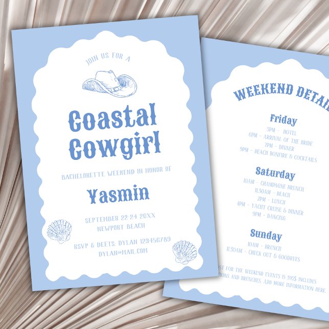 Convites Fim de Semana da Bachelorette Náutica de Onda Cost (Coastal Cowgirl Wavy Nautical Bachelorette Weekend Invitation)