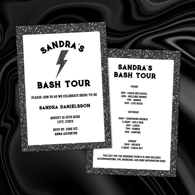 Convites Fim de semana da Bachelorette Tour de Bach Black R (rock and roll bachelorette party black glitter rock bride weekend itinerary)
