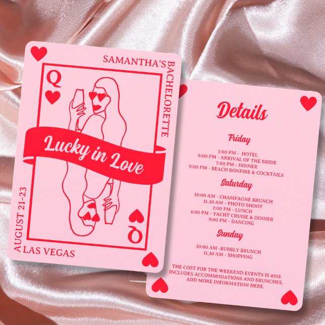 Convites Fim De Semana Da Bachelorette Vermelha E Rosa Quad (Lucky In Love Chic Pink & Red Bachelorette Weekend Invitation)