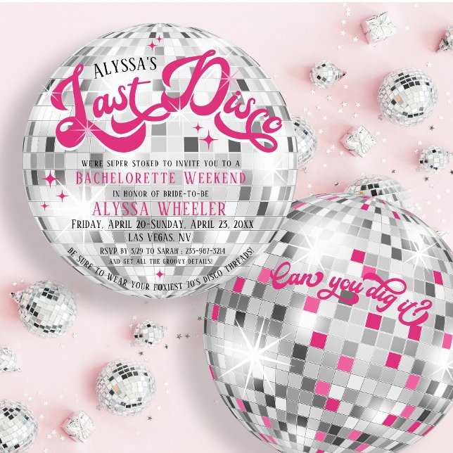 Convites Fim de Semana da Última Bola de Disco da Noiva (Last Disco retro groovy hot pink and silver round disco ball shape wedding bachelorette invite)